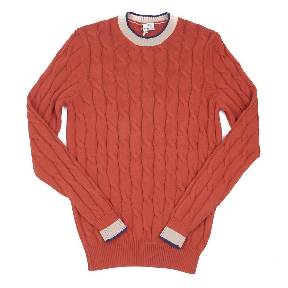 NEW LUIGI BORRELLI NAPOLI men's cable knit cotton sweater in terra cotta red